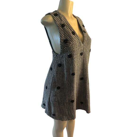 Women XS Free People Mod Mini Dress Lined Knit Jumper Black Cream Dot Waves - Picture 1 of 7